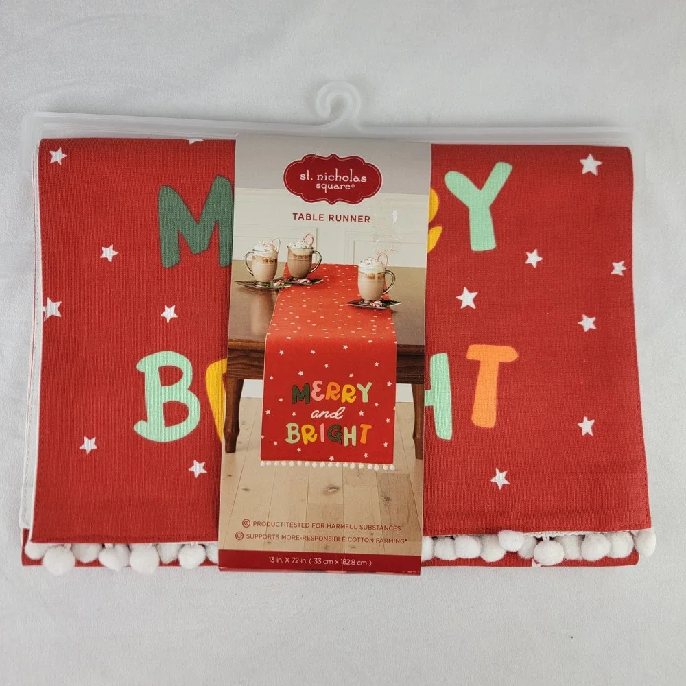 St Nicholas Square Merry and Bright Red Cotton Table Runner 13x72 Pom Pom Trim
